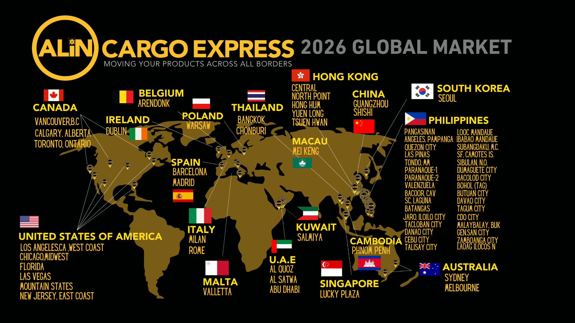 ALiN Cargo Express 2026 global market map showing branches across the Philippines, Asia, Europe, North America, the Middle East and Australia